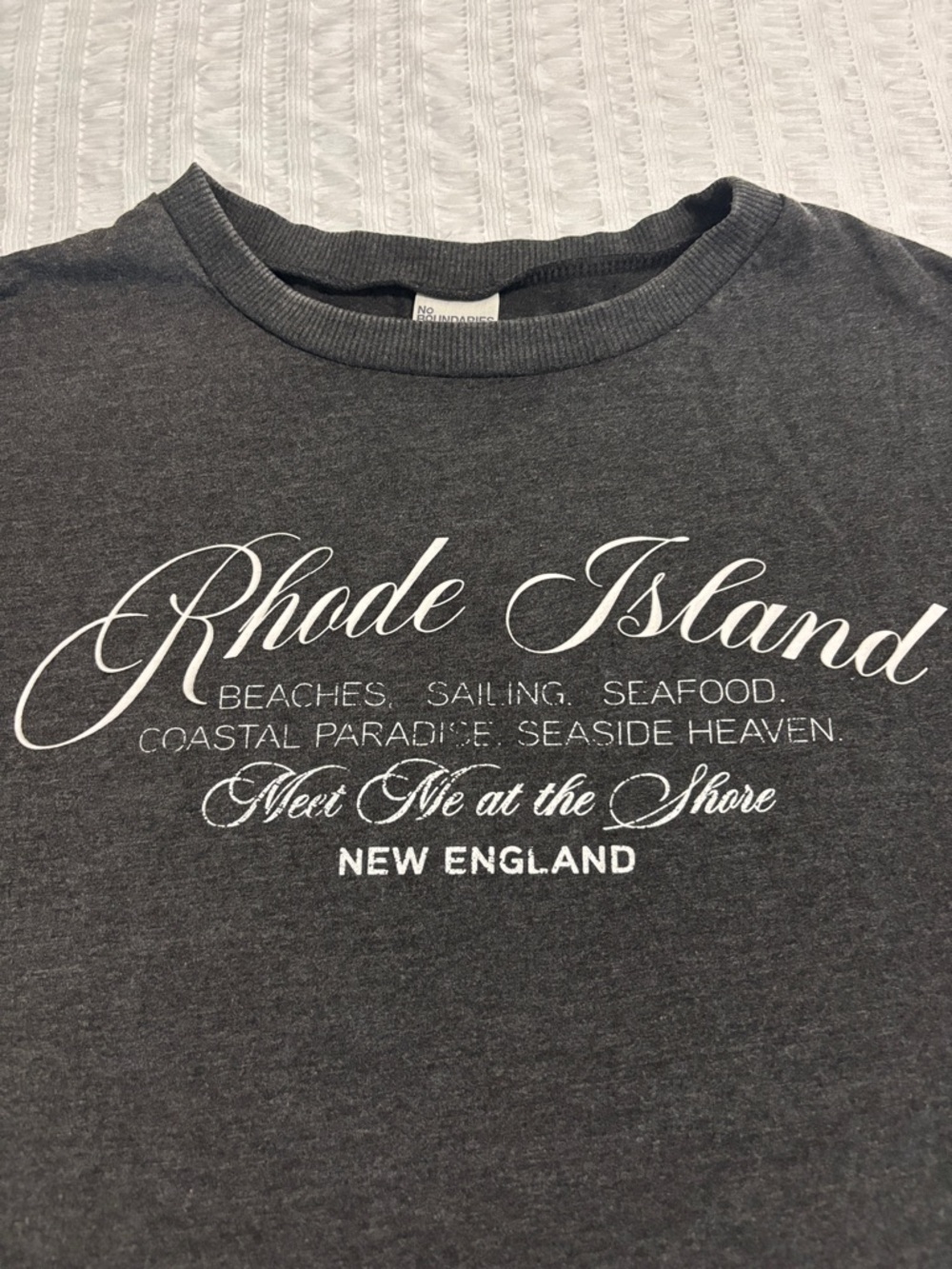 No Boundaries Charcoal Rhode Island Script Tee with White Print